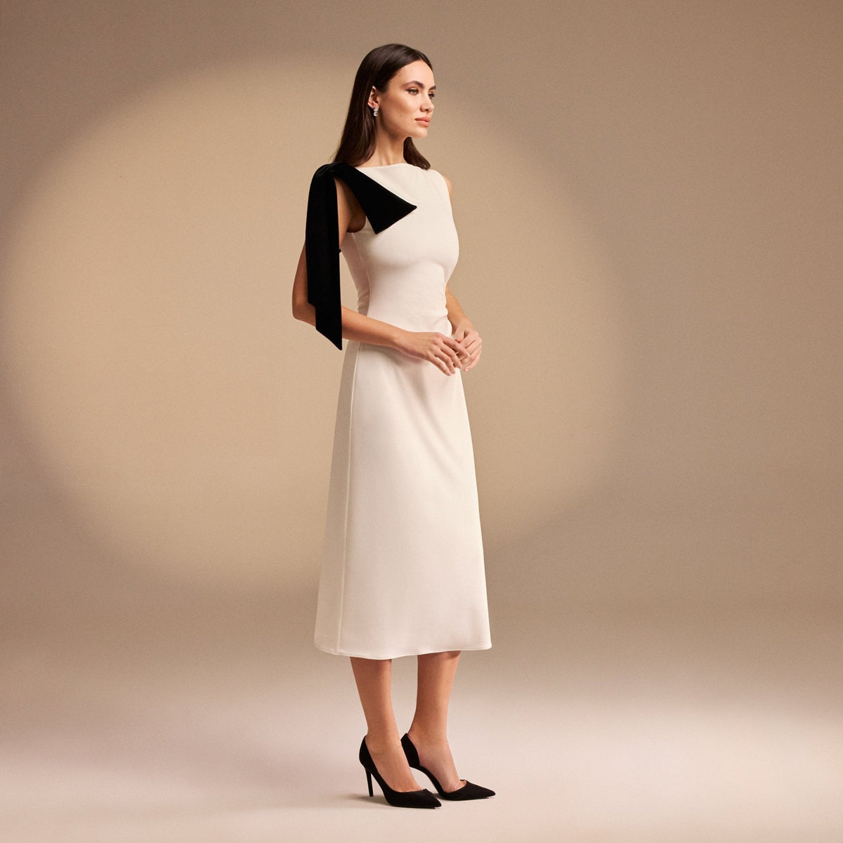 Iris | Midi Fit Crepe Wedding Guest Dress with Shoulder Bow