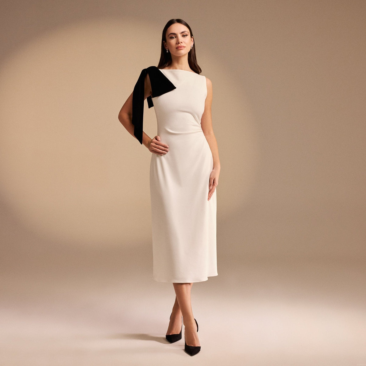 Iris | Midi Fit Crepe Wedding Guest Dress with Shoulder Bow