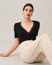 Isla | Slim Fit Ribbed Lace Trim Festival Tee
