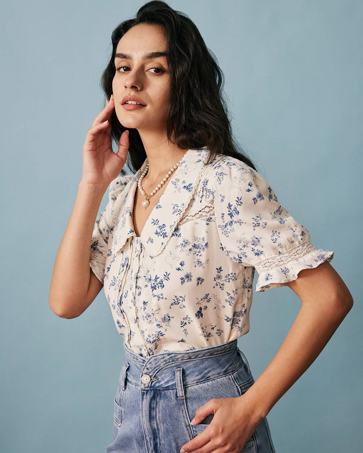 Izabella | Regular Fit Lace Spliced Pleated Floral Shirt Holiday Clothes