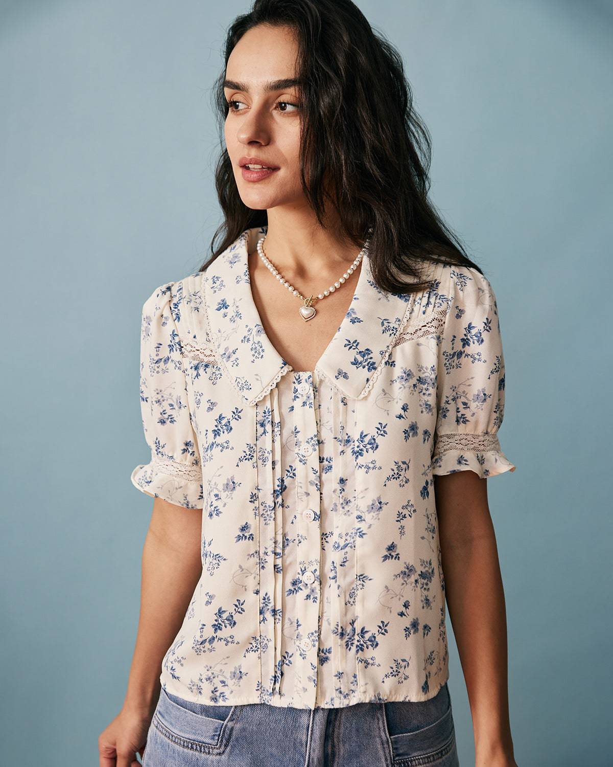 Izabella | Regular Fit Lace Spliced Pleated Floral Shirt Holiday Clothes