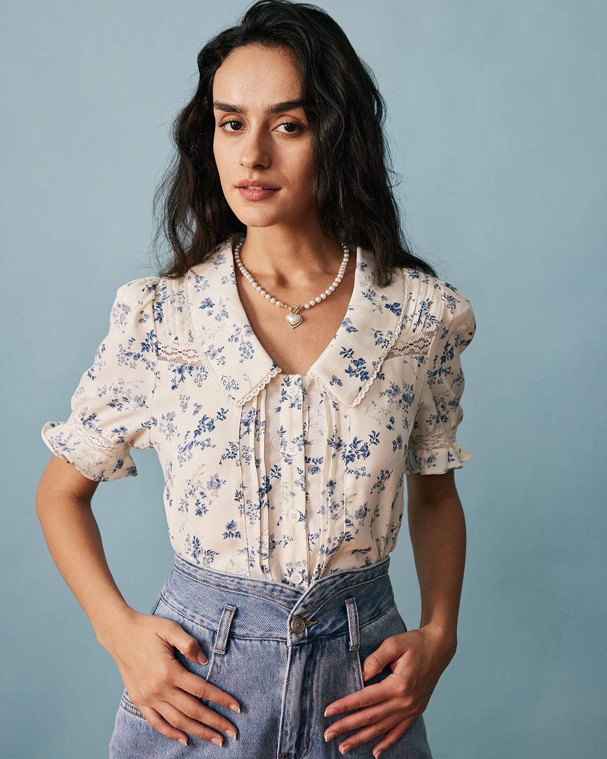 Izabella | Regular Fit Lace Spliced Pleated Floral Shirt Holiday Clothes