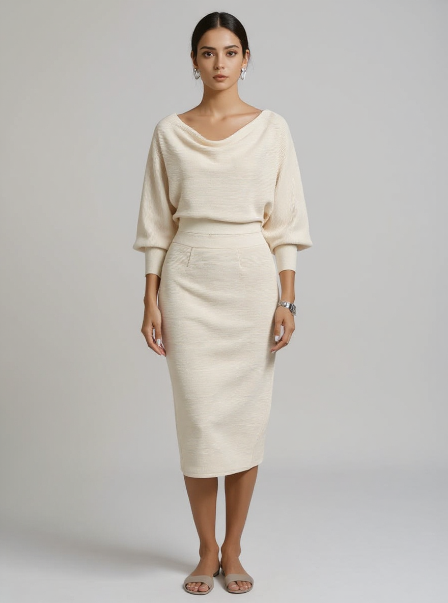Judith | Draped Batwing Long Sleeve Wedding Guest Dress - Beige / XS(2)