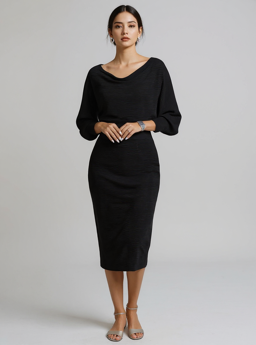 Judith | Draped Batwing Long Sleeve Wedding Guest Dress - Black / XS(2)