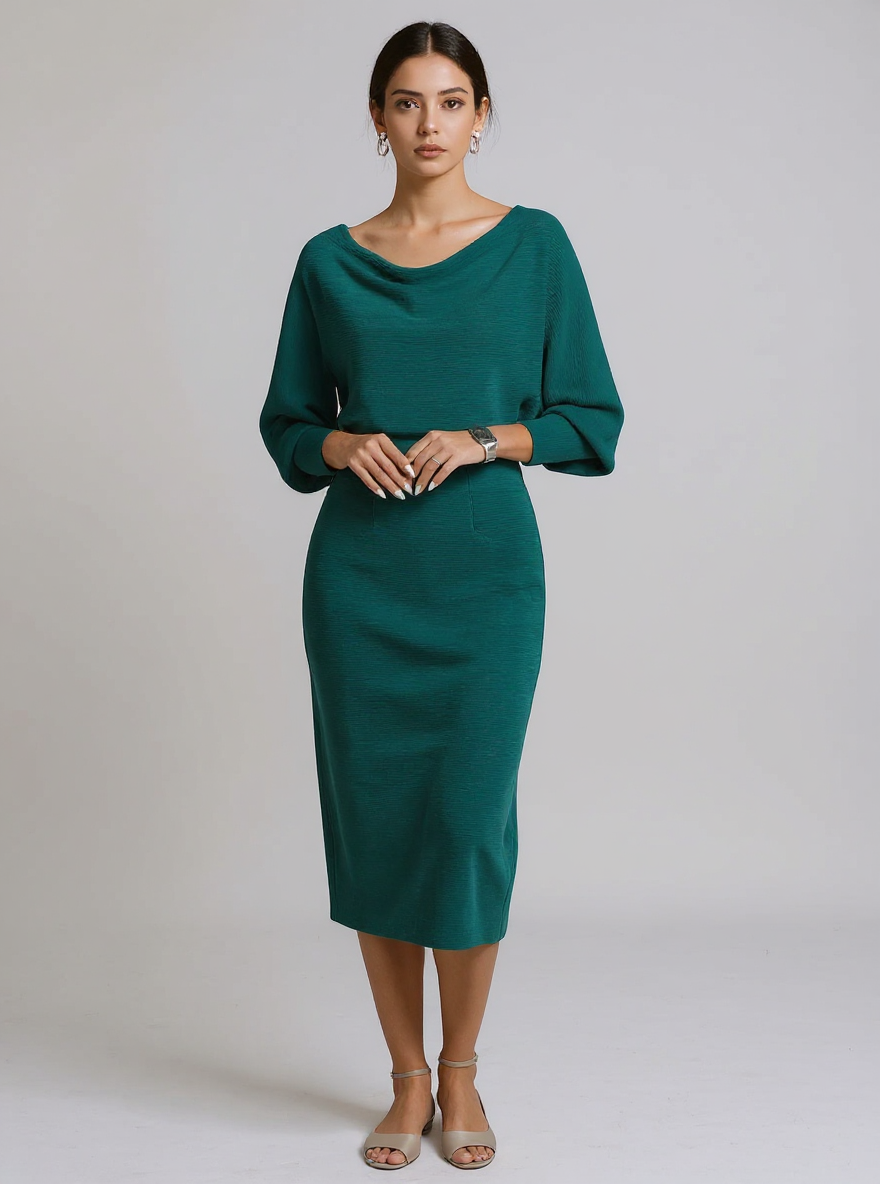 Judith | Draped Batwing Long Sleeve Wedding Guest Dress - Teal / XS(2)