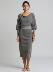Judith | Draped Batwing Long Sleeve Wedding Guest Dress - Grey / XS(2)