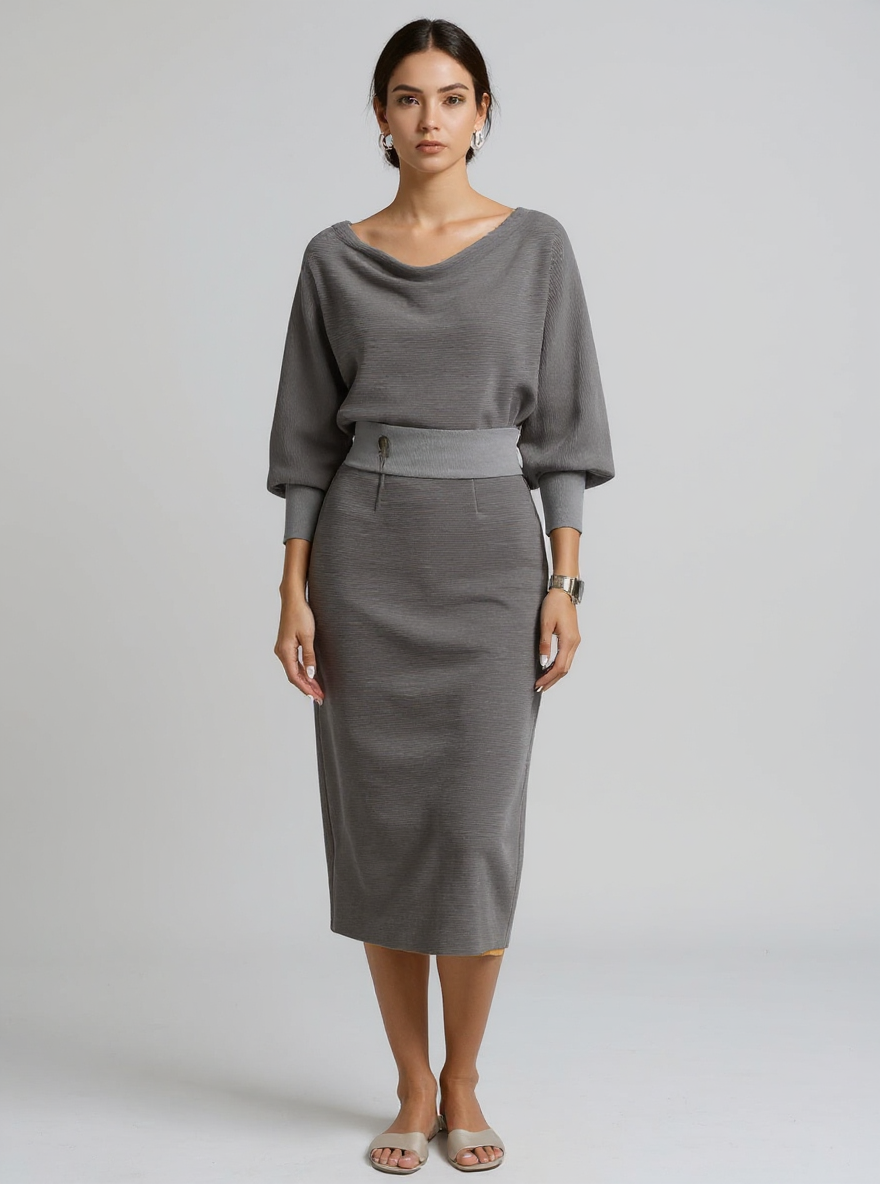 Judith | Draped Batwing Long Sleeve Wedding Guest Dress - Grey / XS(2)