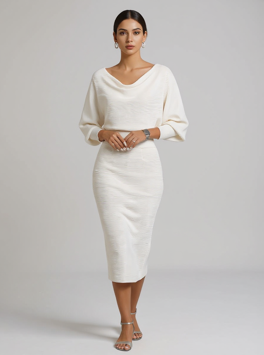 Judith | Draped Batwing Long Sleeve Wedding Guest Dress - White / XS(2)