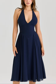 Julia | Halter Fit Georgette Midi Wedding Guest Dress