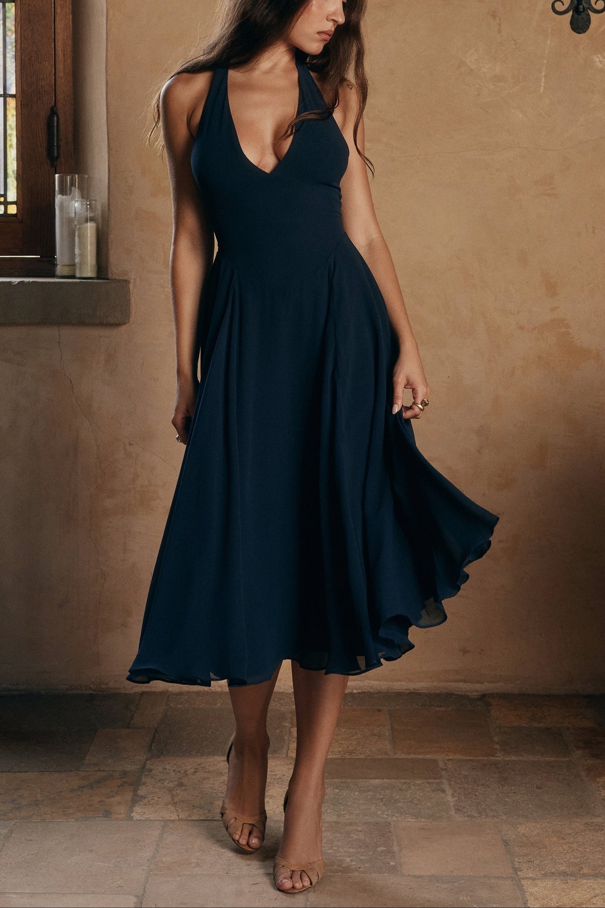 Julia | Halter Fit Georgette Midi Wedding Guest Dress
