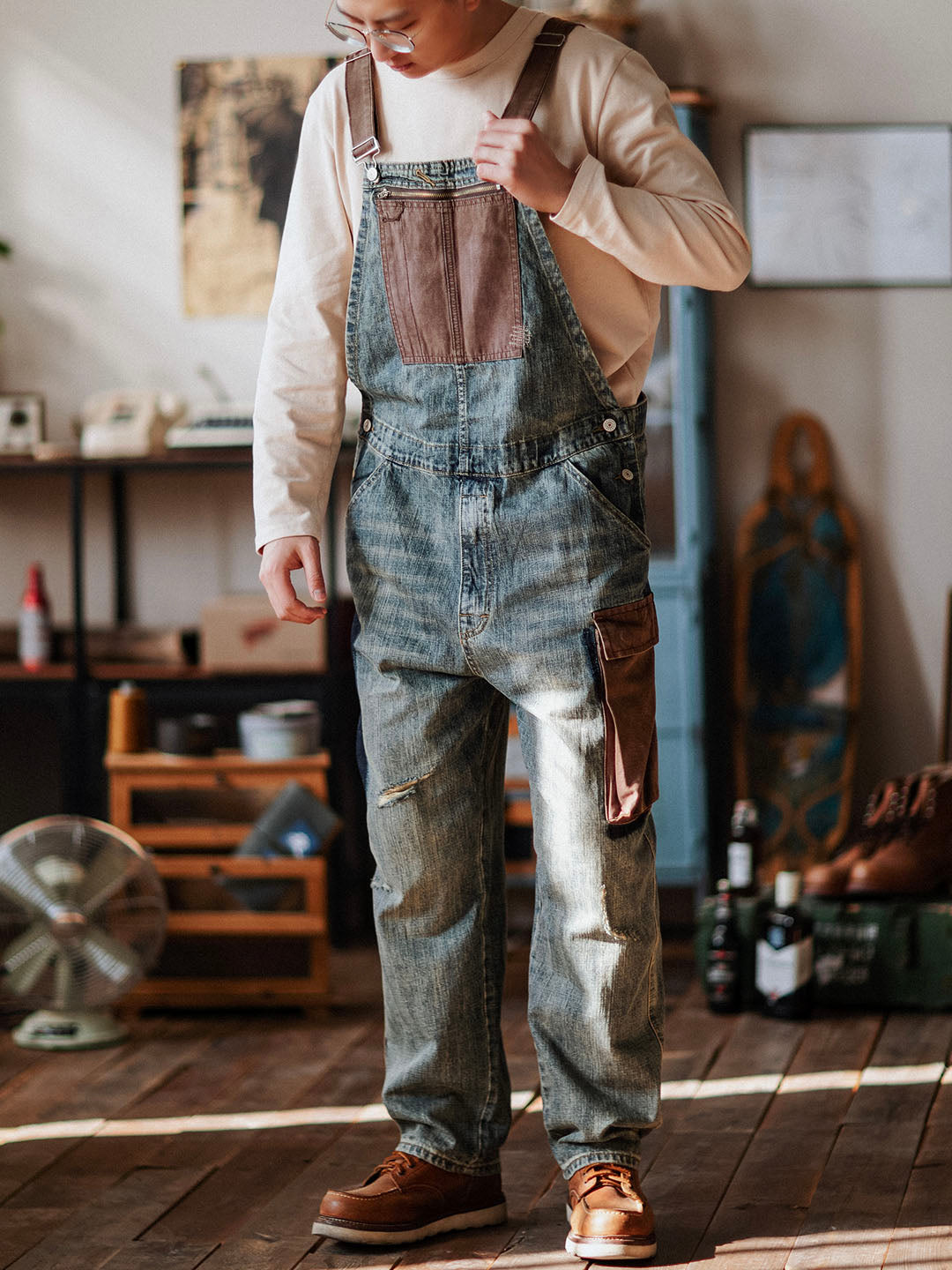 Justin | Relaxed Fit Contrast Denim Overalls