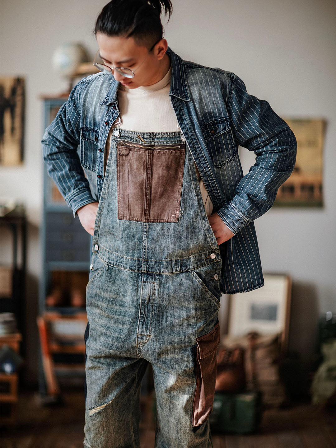 Justin | Relaxed Fit Contrast Denim Overalls