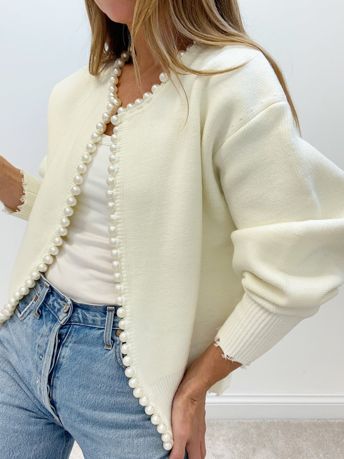 Justine | Relaxed Fit Pearl Trim Holiday Cardigan