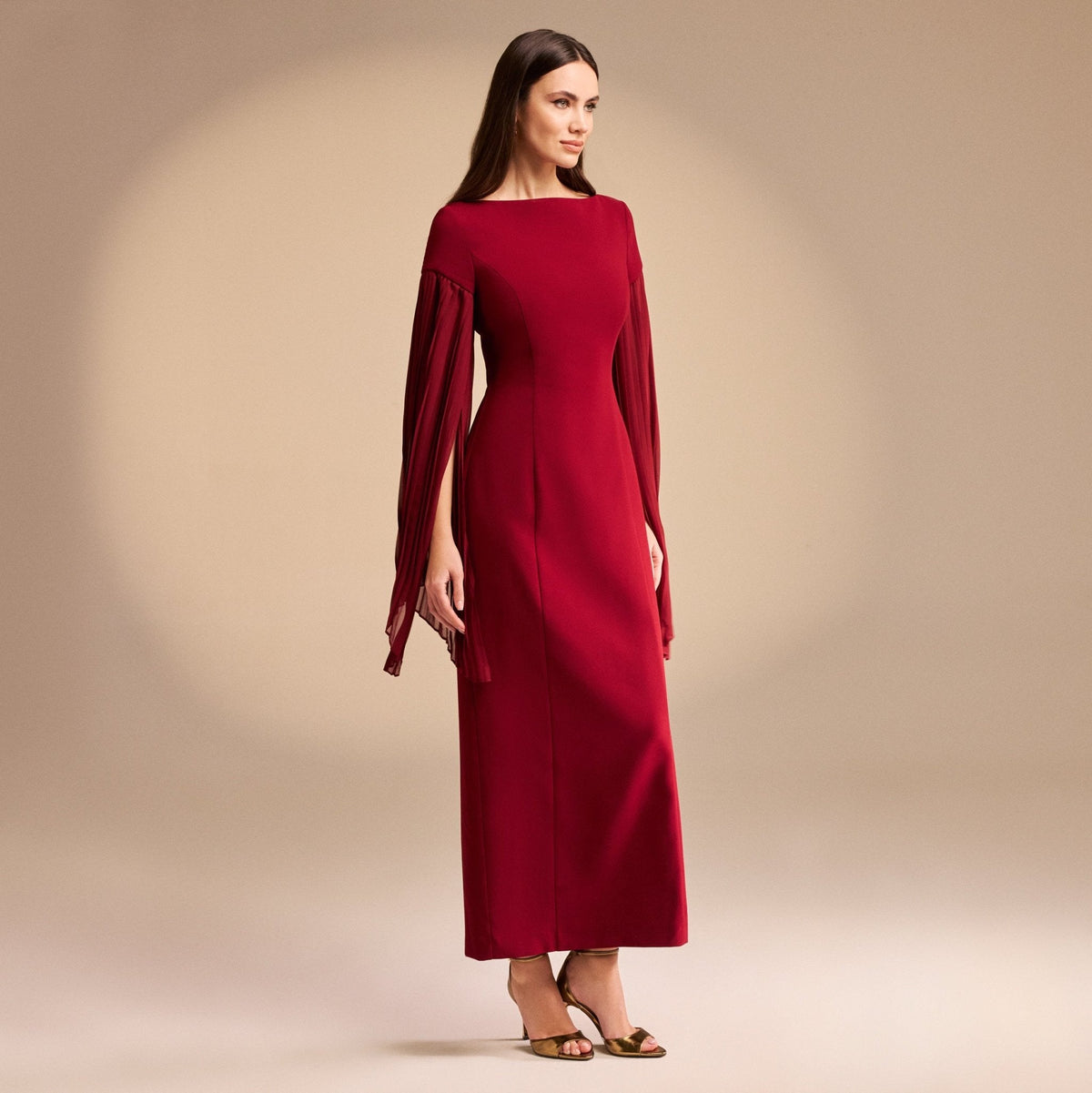 Luciana | Pleated Sleeve Crepe Midi Dress Mother of the Bride Outfits