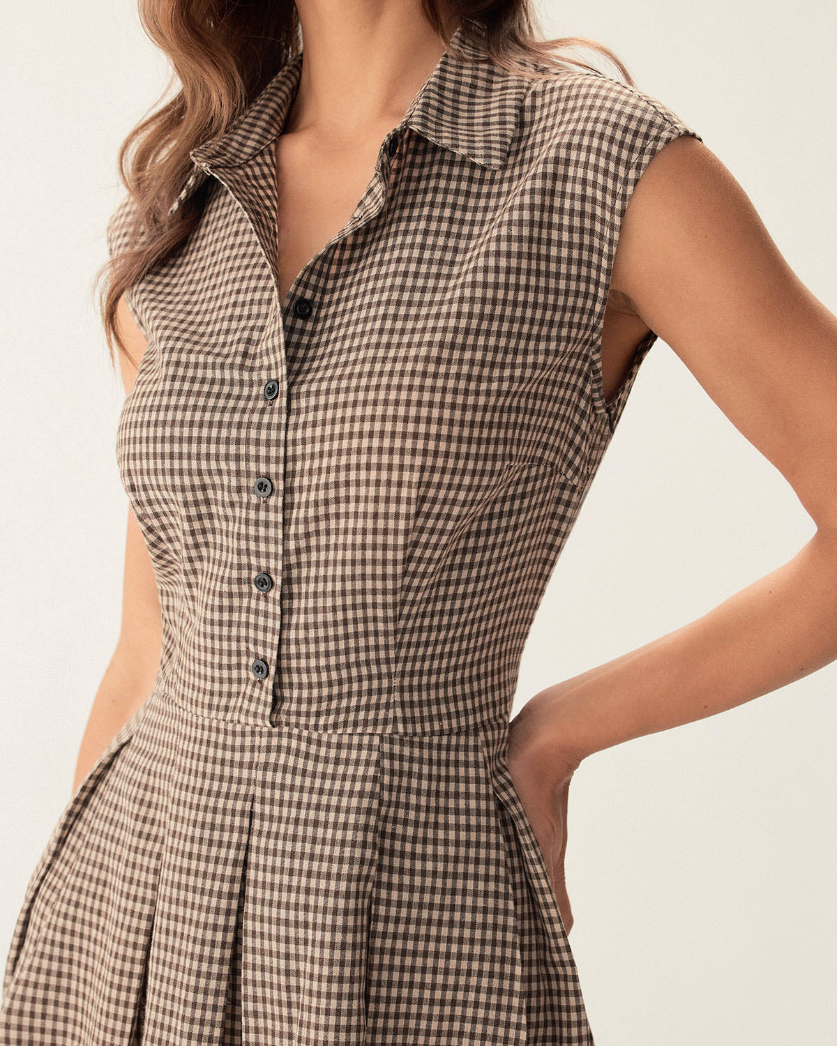 Noelle | Pleated Fit Brown Plaid Ladies Day Midi Dress
