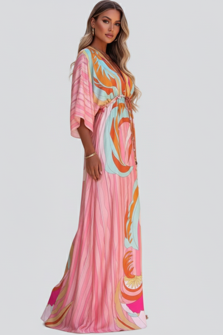 Patricia | V-Neck Belted Printed Maxi Dress