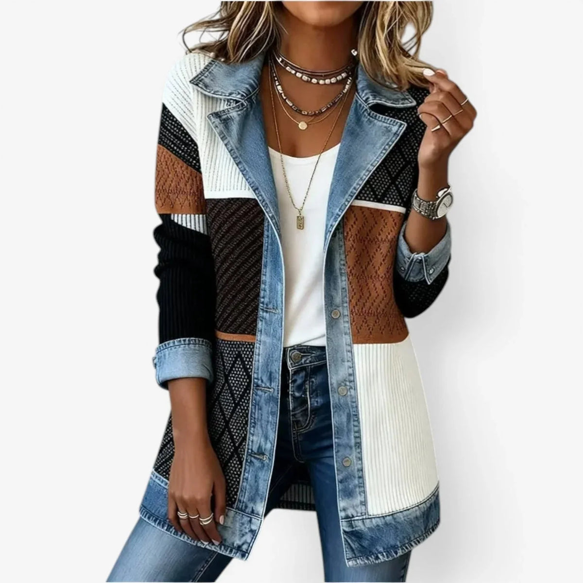 Paulina | Longline Ribbed Knit Contrast Denim Blazer