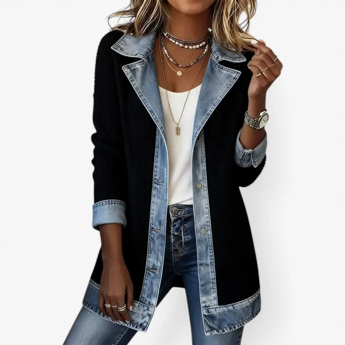 Paulina | Longline Ribbed Knit Contrast Denim Blazer