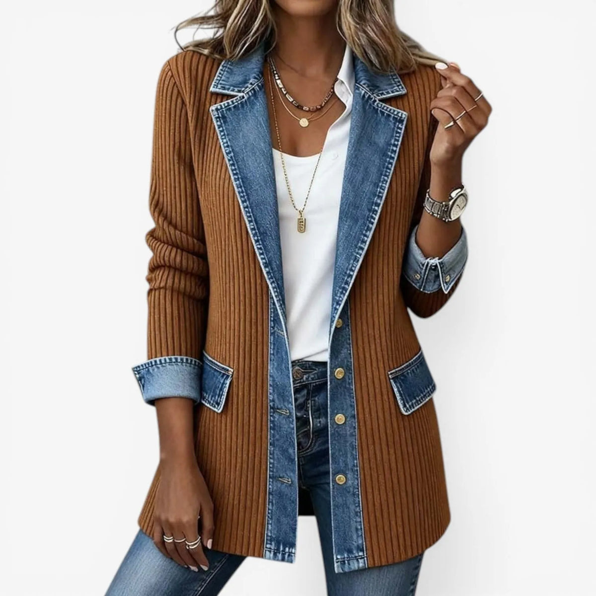 Paulina | Longline Ribbed Knit Contrast Denim Blazer