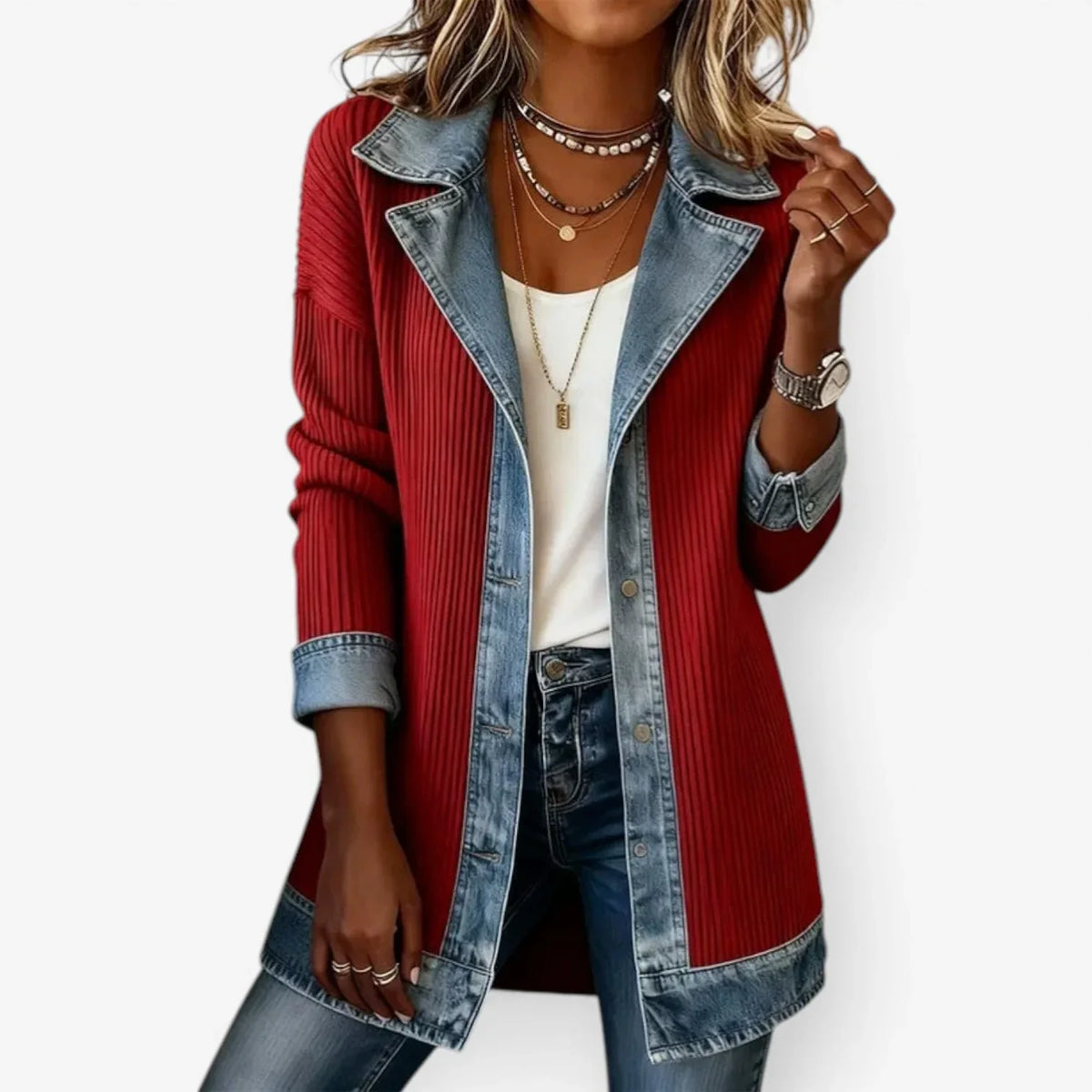 Paulina | Longline Ribbed Knit Contrast Denim Blazer