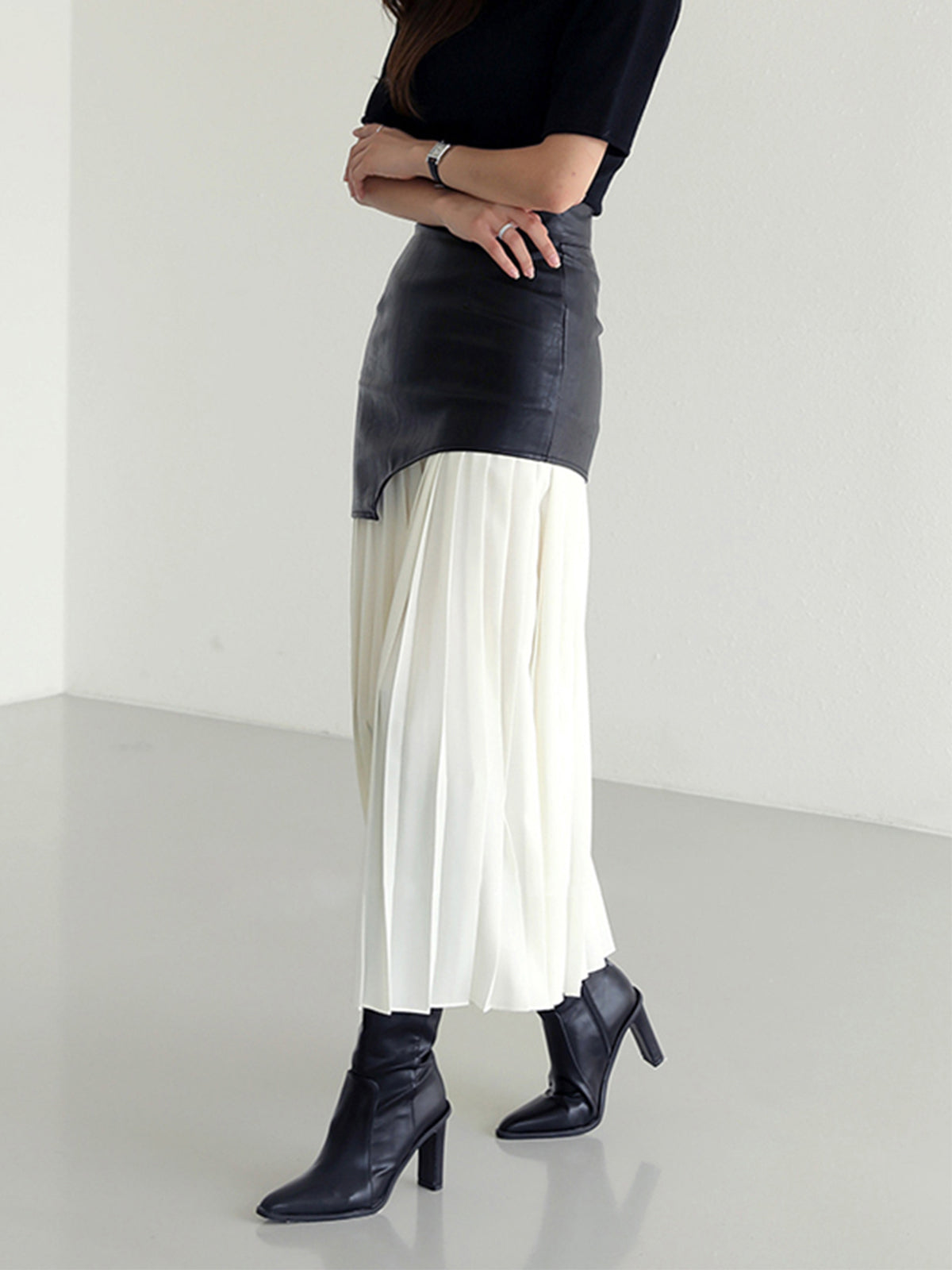 Rosalie | Asymmetric Pleated Faux Leather Maxi Skirt