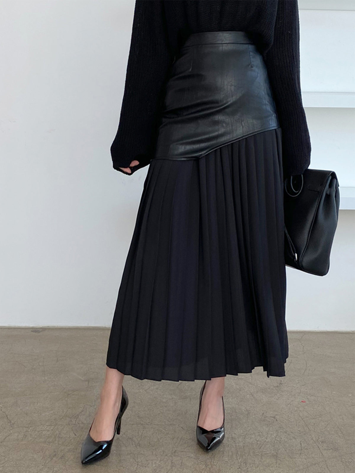 Rosalie | Asymmetric Pleated Faux Leather Maxi Skirt