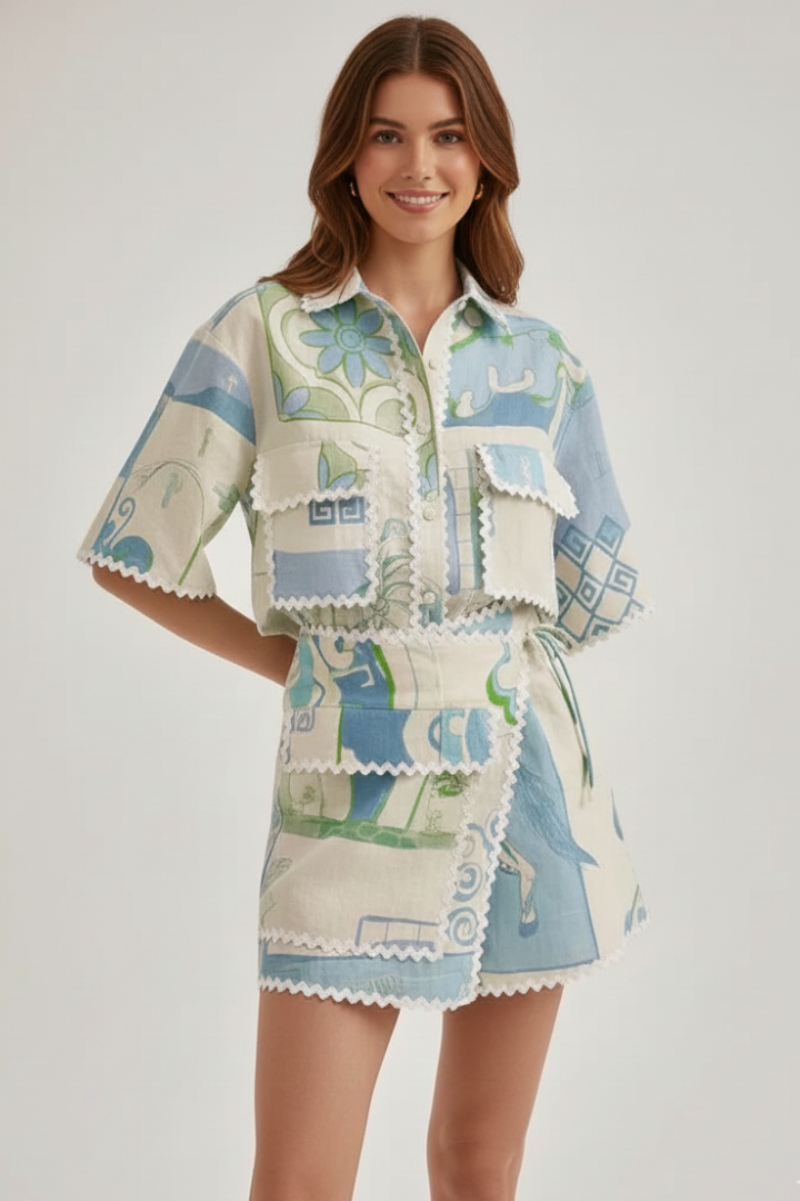 Rowena | Relaxed Fit Patchwork Two-Piece Shorts Set