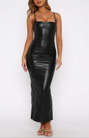 Saffron | Sleek Fit Faux Leather Midi Dress Concert Outfit