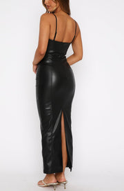 Saffron | Sleek Fit Faux Leather Midi Dress Concert Outfit