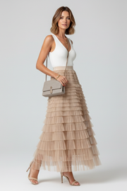 Sage | Layered Tulle Midi Skirt with Elastic Waist