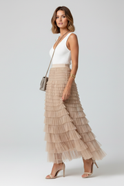 Sage | Layered Tulle Midi Skirt with Elastic Waist