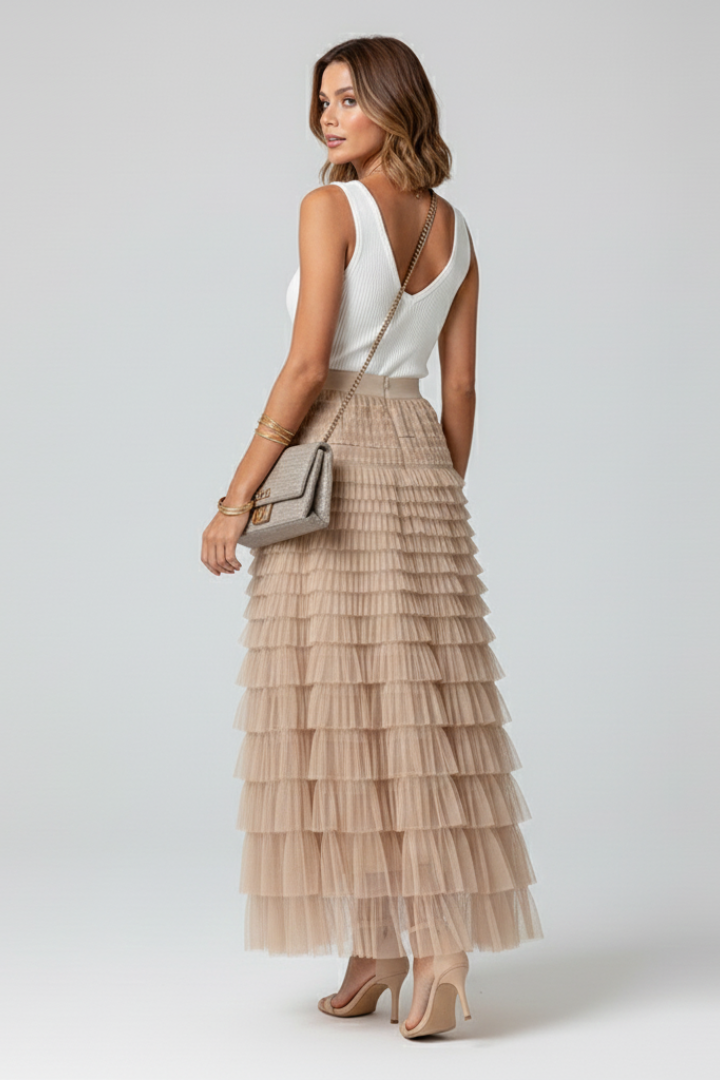 Sage | Layered Tulle Midi Skirt with Elastic Waist