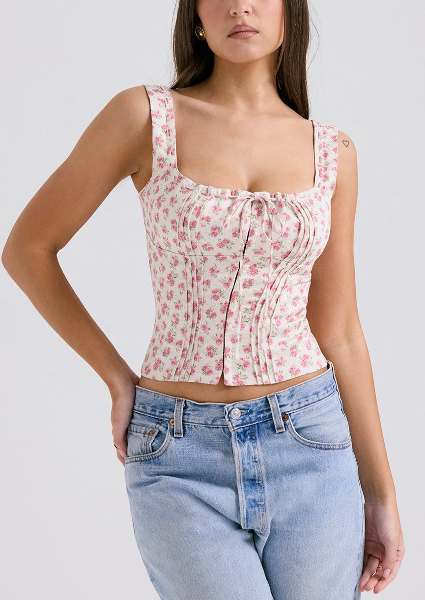 Selena | Shaped Bust Rose Print Stretch Cotton Top