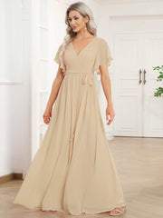 Stella | A-Line Fit V-Neck Flutter Sleeve Bridesmaid Dress