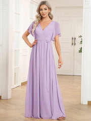 Stella | A-Line Fit V-Neck Flutter Sleeve Bridesmaid Dress