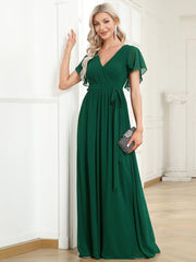 Stella | A-Line Fit V-Neck Flutter Sleeve Bridesmaid Dress