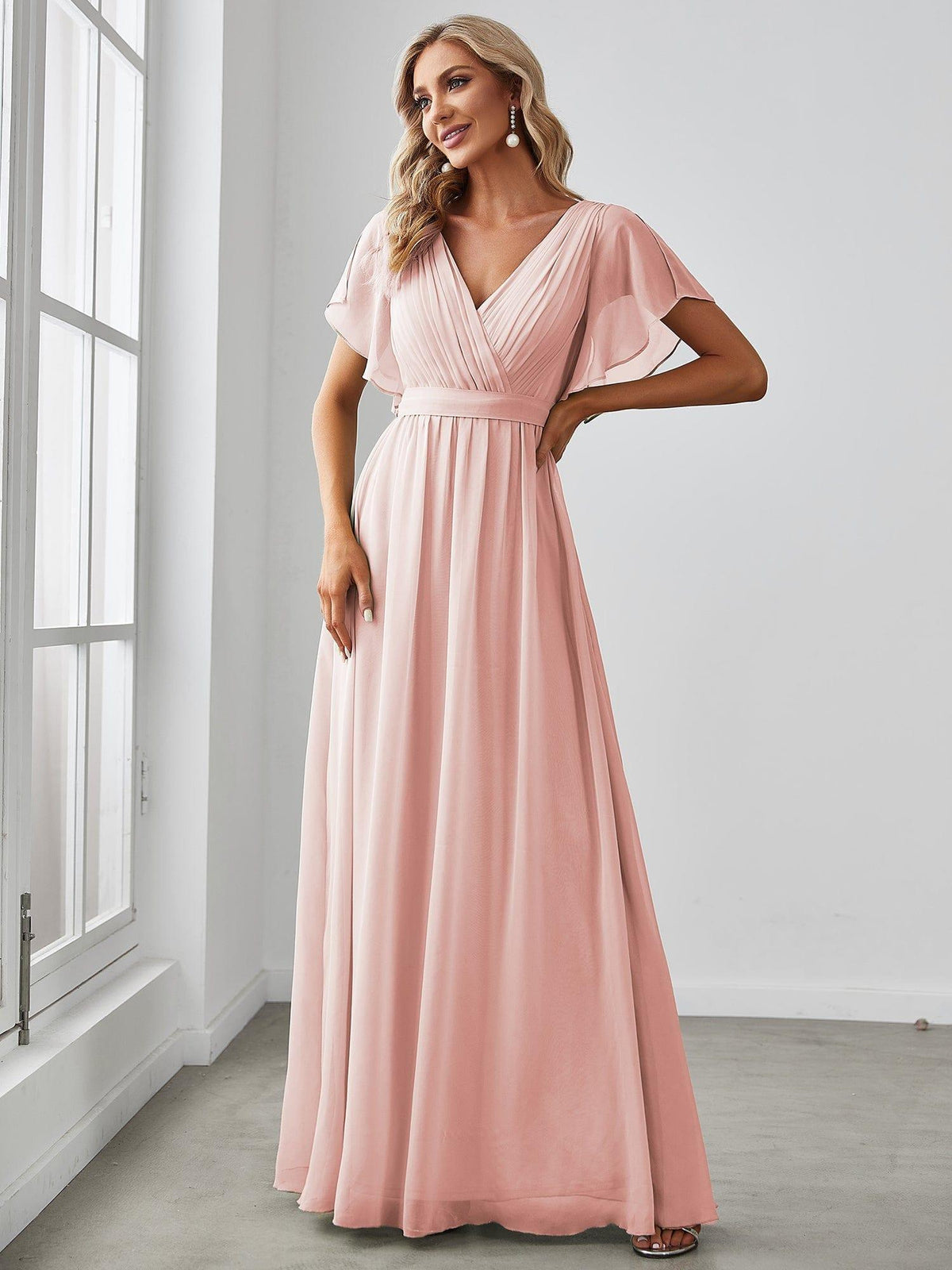 Stella | A-Line Fit V-Neck Flutter Sleeve Bridesmaid Dress