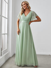 Stella | A-Line Fit V-Neck Flutter Sleeve Bridesmaid Dress