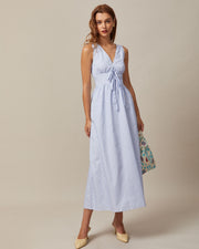 Thea | Shirred Fit V Neck Striped Maxi Dress