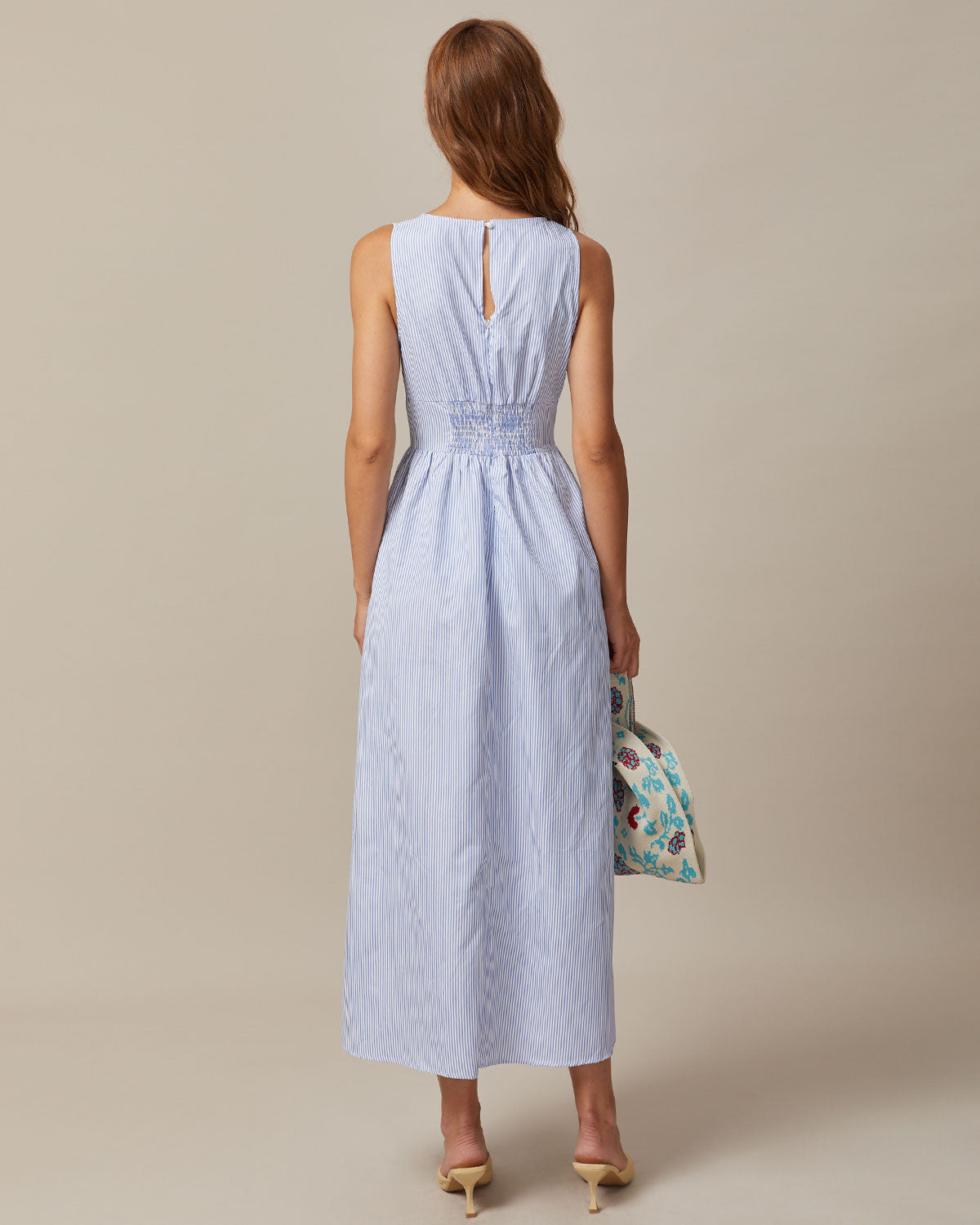 Thea | Shirred Fit V Neck Striped Maxi Dress