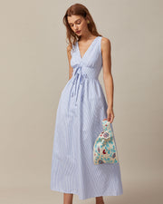 Thea | Shirred Fit V Neck Striped Maxi Dress
