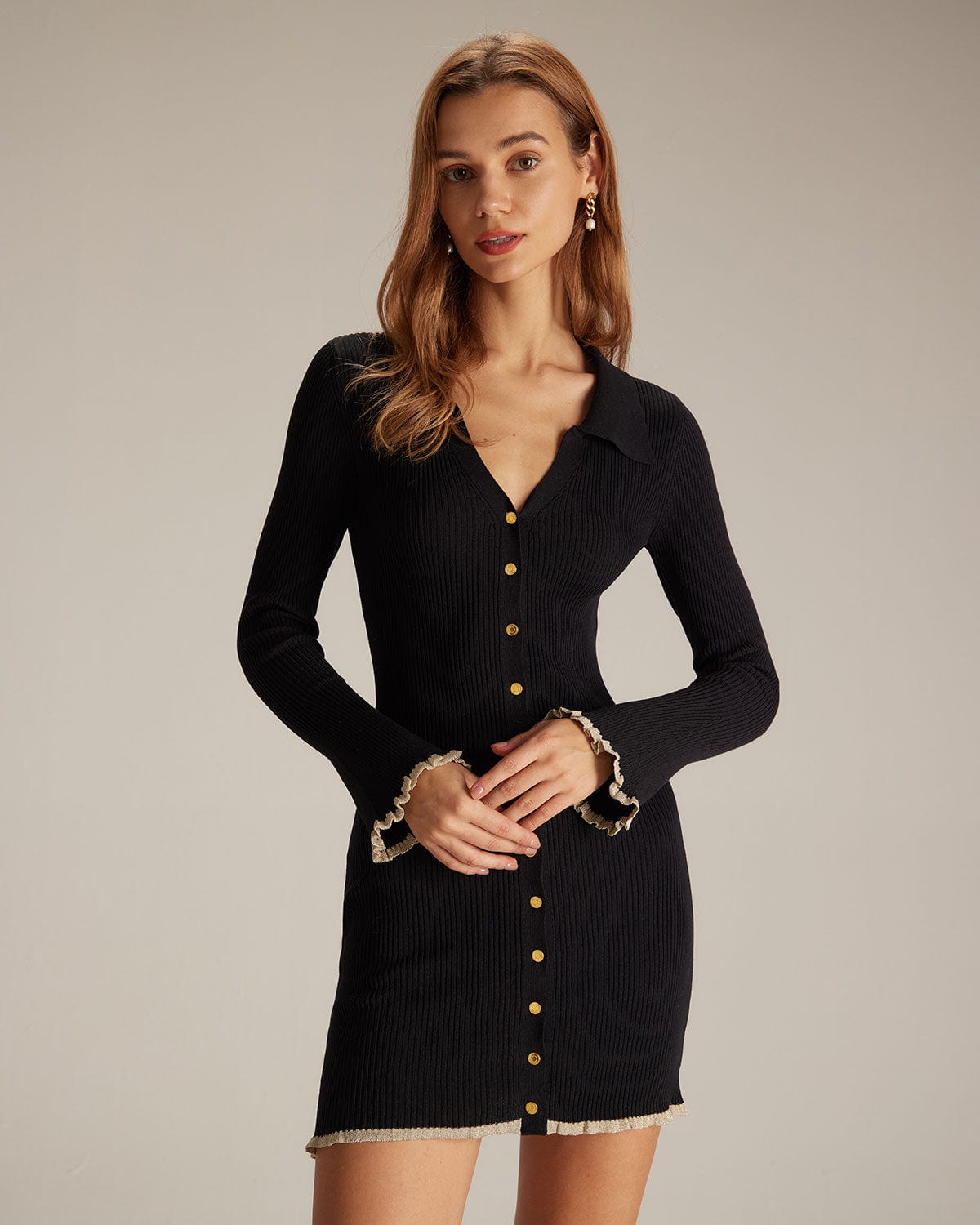 Yolanda | Fitted V Neck Contrast Trim Knit Mini Dress Concert Outfit