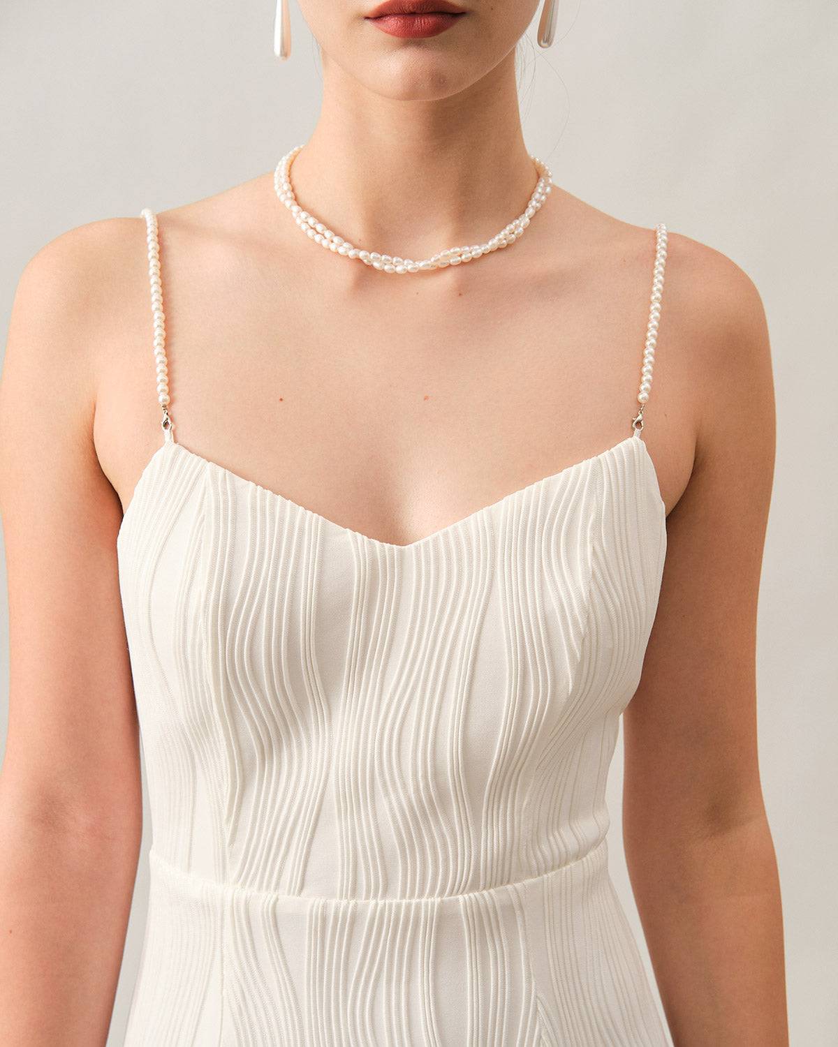 Yvette | Textured Pearl Strap Wedding Guest Midi Dress