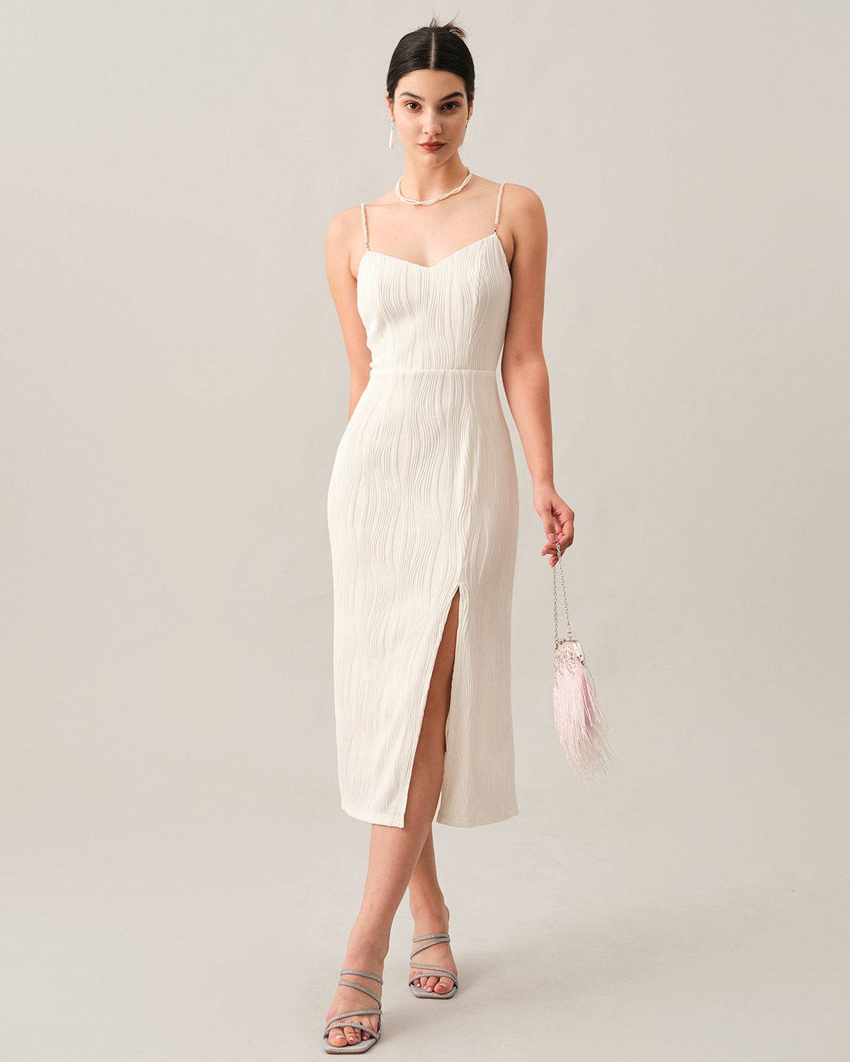 Yvette | Textured Pearl Strap Wedding Guest Midi Dress